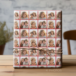 4-Foto-Collage mit Holiday Joy Red Geschenkpapier