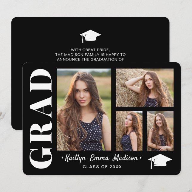 4 Foto Collage Modernes Skript Schwarz/Weiß Grad Ankündigung (Vorne/Hinten)