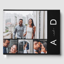 4 Foto Collage & Monogram Elegante Schwarze Hochze Gästebuch