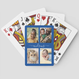 4 Foto Collage Navy Blue and White Personalisiert Spielkarten