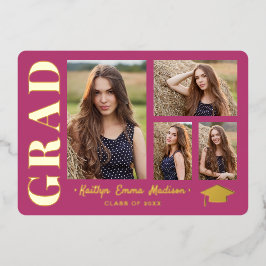 4 Foto Collage Pink & Gold Foil Grad Card Folieneinladung