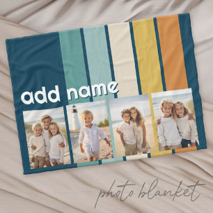 4-Foto-Collage Retro-Streifen - blau und gold Fleecedecke