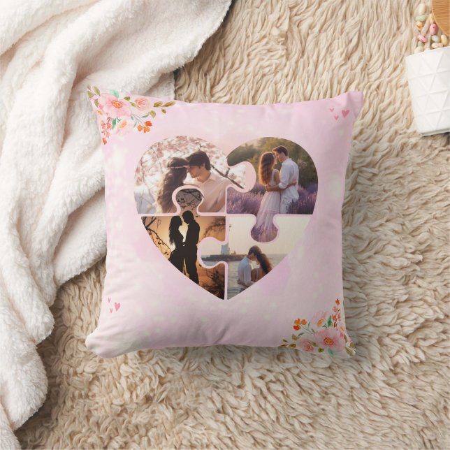 4 Foto Collage Rosa Bläserpuzzle Herz Custom Kissen (Decke)