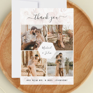 4-Foto-Collage Rosa Florale Hochzeits-Dankeschön Dankeskarte