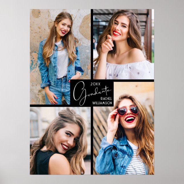 4-Foto-Collage Schwarze Abschlussfeier Poster (Vorne)