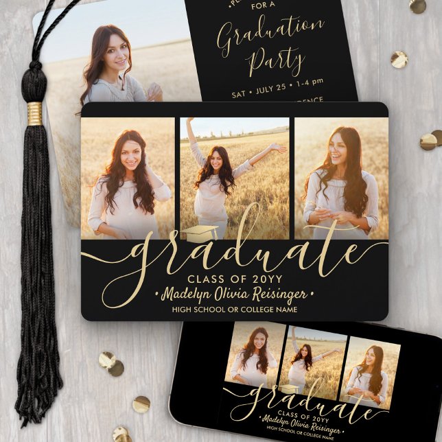 4 Foto Collage Script Black Gold Graduation Party Einladung (Von Creator hochgeladen)