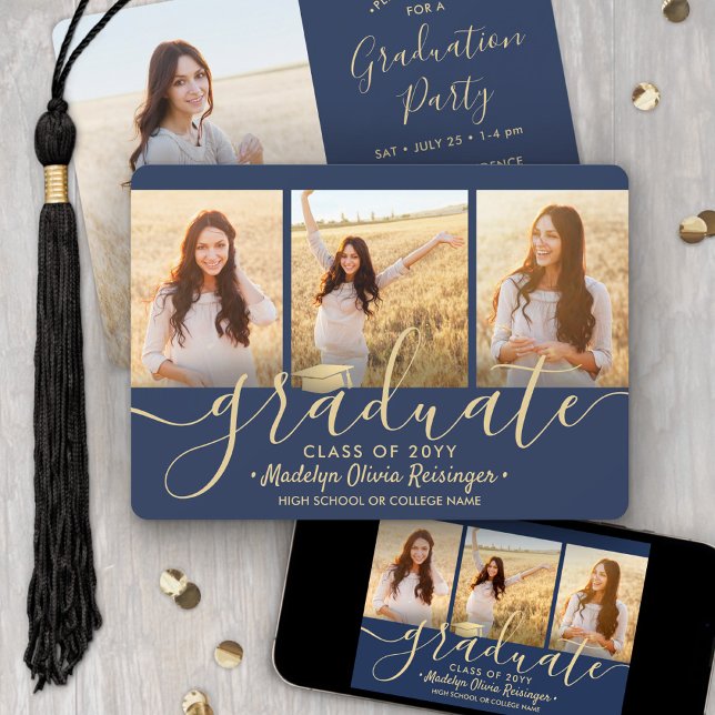 4 Foto Collage Script Navy Gold Graduation Party Einladung (Von Creator hochgeladen)