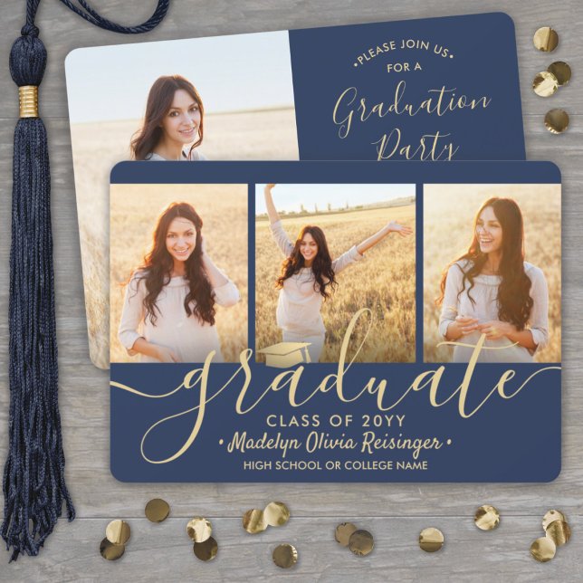 4 Foto Collage Script Navy Gold Graduation Party Einladung (Von Creator hochgeladen)