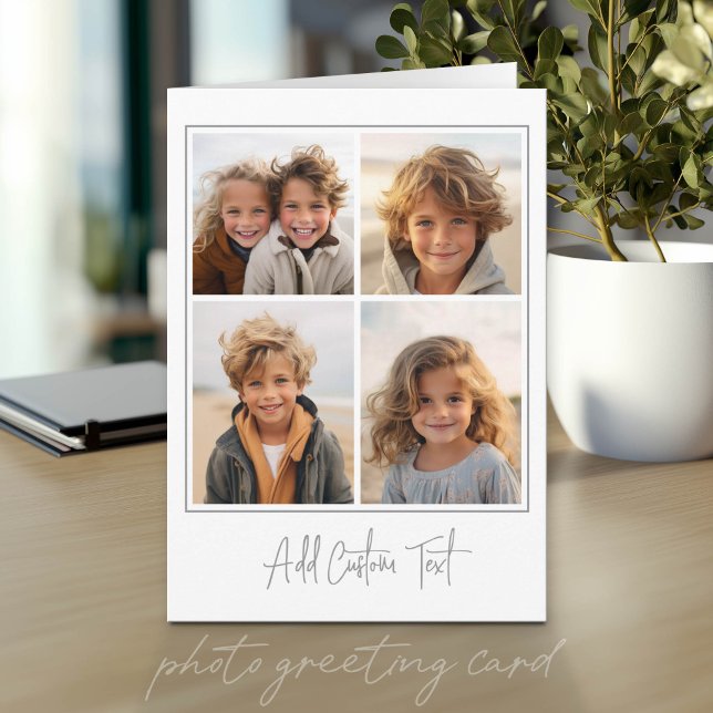 4-Foto-Collage Trendy Script Text - Weiß Grau Karte (Photo Greeting Card)
