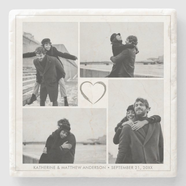 4 Foto Collage Wedding Anniversary Name & Datum Steinuntersetzer (Vorderseite)