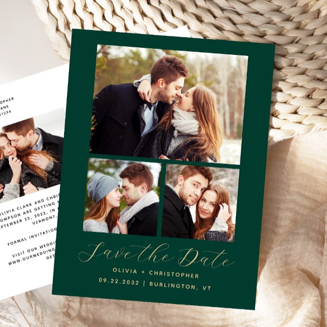 4-Foto Emerald Green Gold Save the Date Ankündigungspostkarte (Von Creator hochgeladen)
