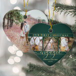 4 Foto Erste Weihnachtsfeier Verlobtes Grün & Gold Keramik Ornament<br><div class="desc">Feiern Sie den fröhlichen 1. Urlaub Ihrer Verlobung mit einer maßgeschneiderten, herzförmigen 4-Foto-Collage "Unser erstes Weihnachtsfest Verlobt" grün und goldgeprägt Keramik-Ornament. Alle Texte und Bilder auf dieser Vorlage sind einfach zu personalisieren. (IMAGE PLACEMENT TIP: Eine einfache Möglichkeit, ein Foto genau so zu zentrieren, wie Sie es gewollt haben, ist es,...</div>