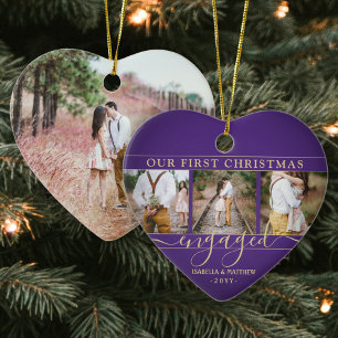 4 Foto Erstes Weihnachten Verlobt Lila Gold Herz Keramik Ornament