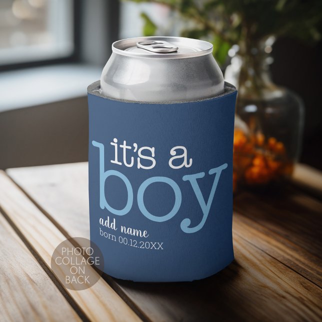 4 Foto Es ist ein Junge - modern, whimsical mit Wh Dosenkühler (Personalized Can Cooler - Add Custom Text or Name)