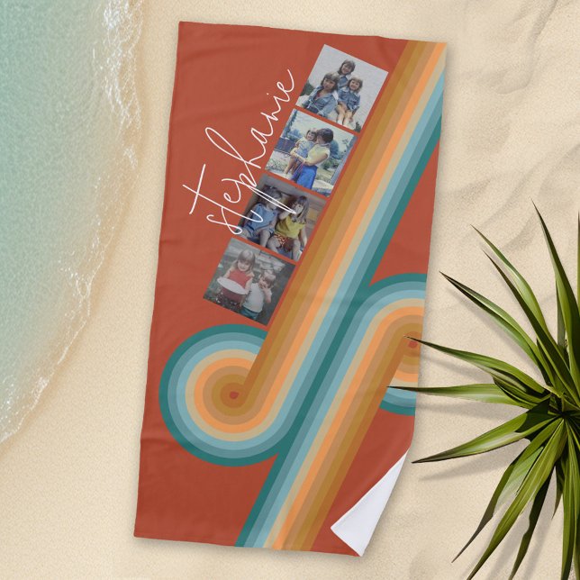4 Foto Filmstreifen - Script-Name - Retro-Linie Ar Strandtuch (Personalized Beach Towel with Photos and Text)
