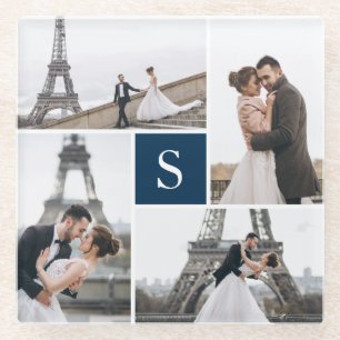 4 Foto Gallerie und Blauer Farbblock Monogramm Glasuntersetzer
