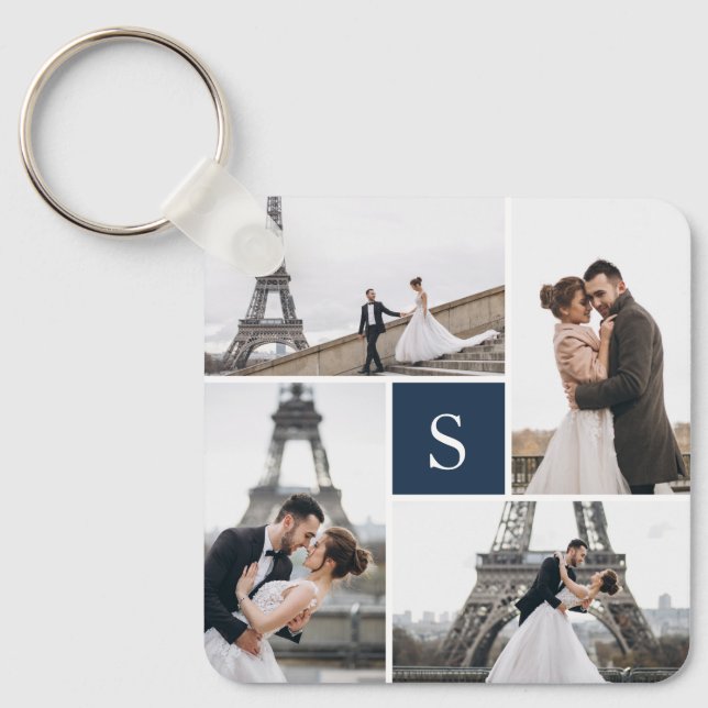 4 Foto Gallery Navy Blue Monogram Schlüsselanhänger (Vorderseite)