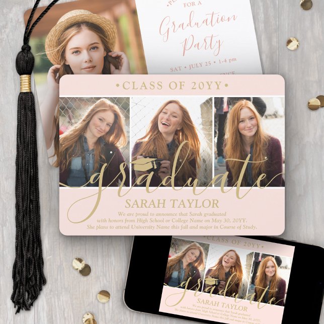 4 Foto Graduation Party Blush Pink & Gold Script Einladung (Von Creator hochgeladen)