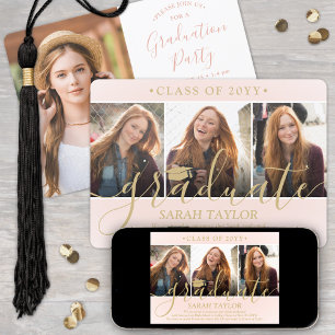 4 Foto Graduation Party Blush Pink & Gold Script Einladung
