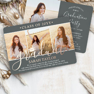 4 Foto Graduation Party Modernes Script Gray und Folieneinladung