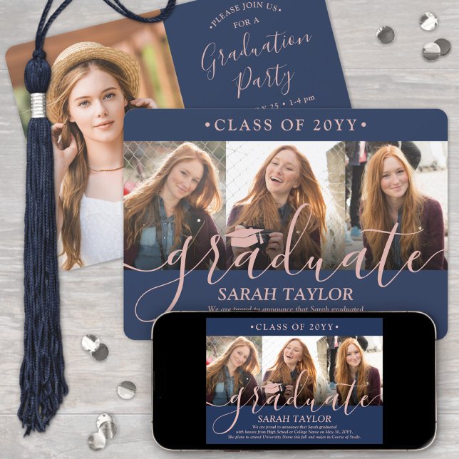 4 Foto Graduation Party Navy Blue & Pink Script Einladung (Von Creator hochgeladen)