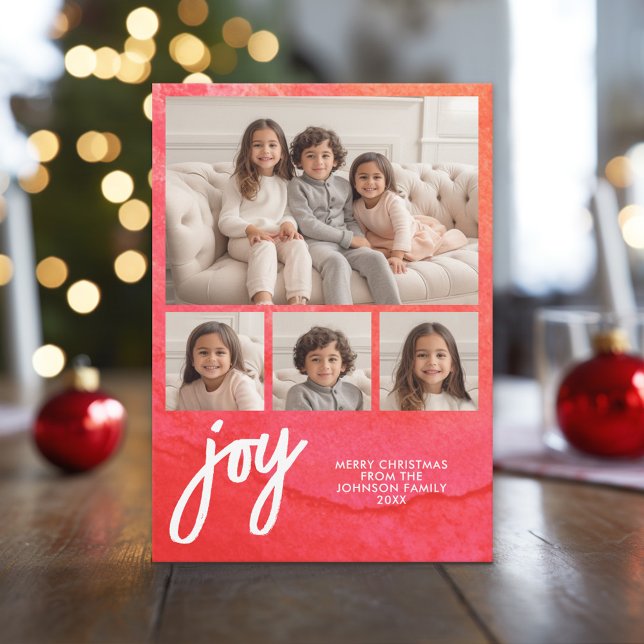 4 Foto Joy Frohe Weihnachten Minimal Red Watercolo (Custom Holiday Photo Greeting Card)