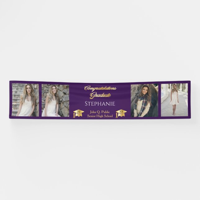 4 Foto Lila Gold Glückwunsch Graduate Name School Banner (Horizontal)