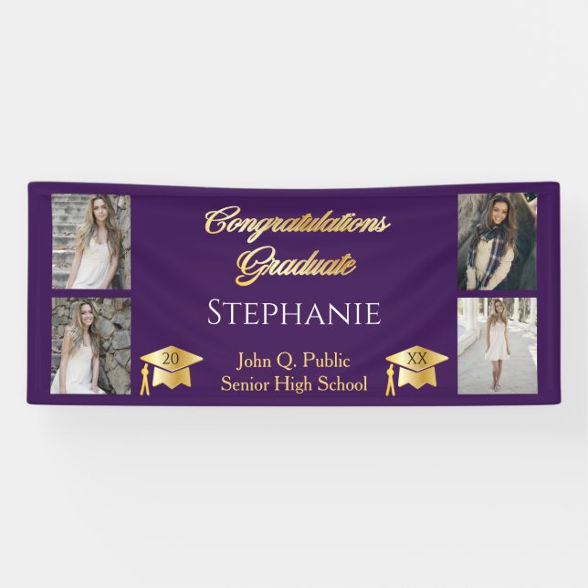 4 Foto Lila Gold Glückwunsch Graduate Name School Banner (Horizontal)