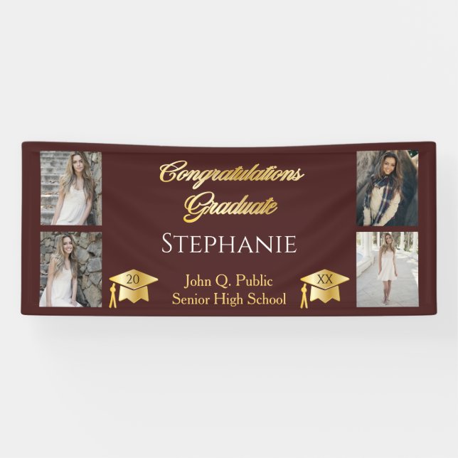 4 Foto Maroon Gold Glückwunschs Graduate Name Scho Banner (Horizontal)