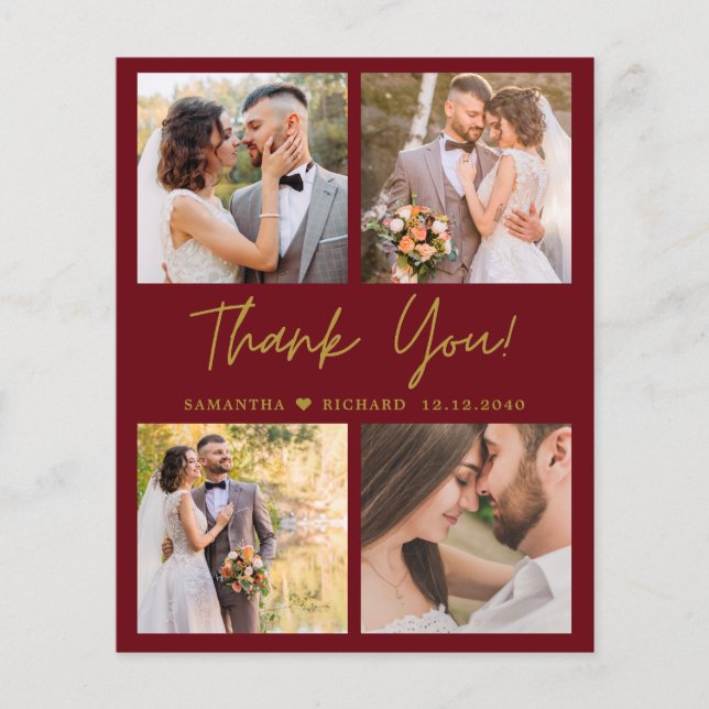 4 Foto Maroon Gold Hochzeit Danke Karte (Vorderseite)
