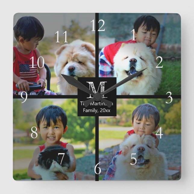 4 Foto Maßgeschneiderte Collage mit Monogramm Quadratische Wanduhr (Vorderseite)