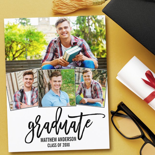 4 Foto Moderne Brush Script Graduation Party Einladungspostkarte (Customize to change your personalized text size or text style.)