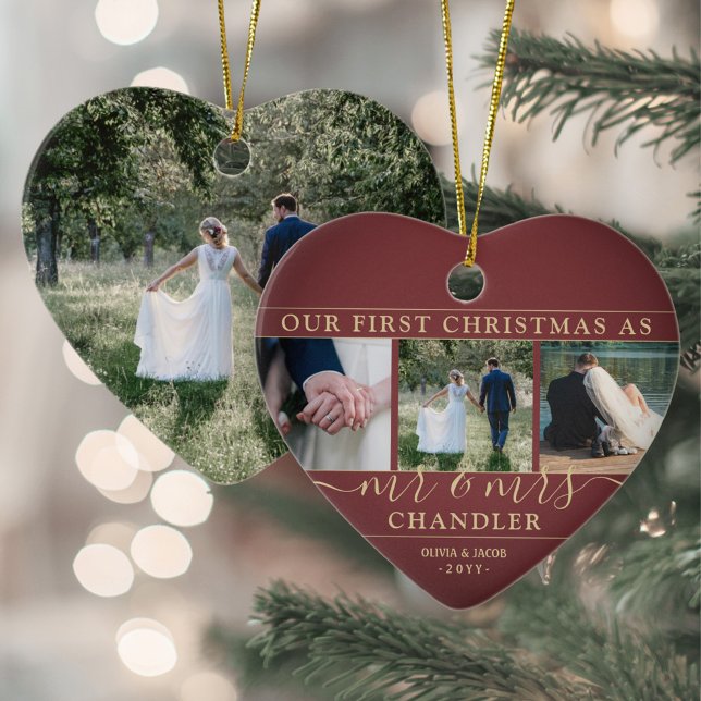 4 Foto Mr & Mrs. 1. Christmas Burgundy Gold Heart Keramik Ornament (Von Creator hochgeladen)