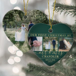 4 Foto Mr & Mrs. 1. Christmas Green & Gold Heart Keramik Ornament<br><div class="desc">Feiern Sie einen fröhlichen 1. Urlaub als verheiratetes Paar mit einer maßgeschneiderten 4-Foto-Collage "Unser erstes Weihnachtsfest als Mr. & Mrs." herzförmige Keramik Ornament. Alle Texte und Bilder auf dieser Vorlage sind einfach zu personalisieren. (IMAGE PLACEMENT TIP: Eine einfache Möglichkeit, ein Foto genau so zu zentrieren, wie Sie es gewollt haben,...</div>