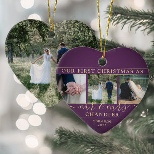 4-Foto Mr & Mrs 1. Weihnachten Pflaume Lila Herz Keramik Ornament