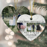 4 Foto Mr. & Mrs. 1. Weihnachtsfeiern Imitat Marmo Keramik Ornament<br><div class="desc">Feiern Sie einen fröhlichen 1. Urlaub als verheiratetes Paar mit einer maßgeschneiderten 4-Foto-Collage "Unser erstes Weihnachtsfest als Mr. & Mrs." herzförmige Keramik Ornament. Alle Texte und Bilder auf dieser Vorlage sind einfach zu personalisieren. (IMAGE PLACEMENT TIP: Eine einfache Möglichkeit, ein Foto genau so zu zentrieren, wie Sie es gewollt haben,...</div>