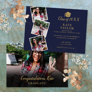 4 Foto Navy Blau Und Gold Abitur-Party Einladung