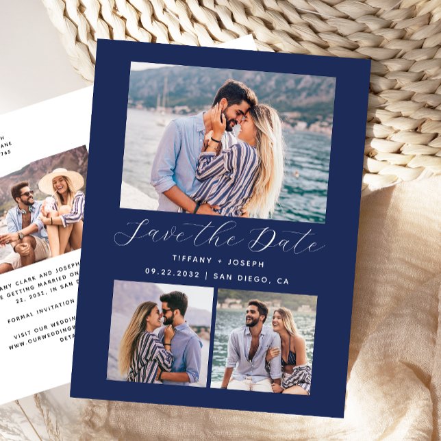 4 Foto Navy Blue Save the Date Postkarte (Von Creator hochgeladen)
