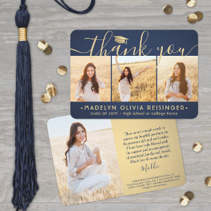 4 Foto Neue Adresse Navy Blau und Gold Abschlussfe Dankeskarte