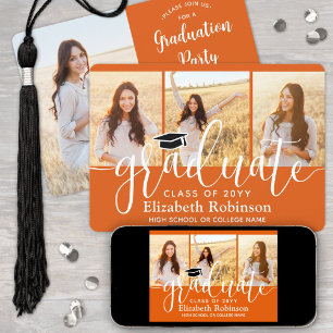 4 Foto Orange and White Script Graduation Party Einladung