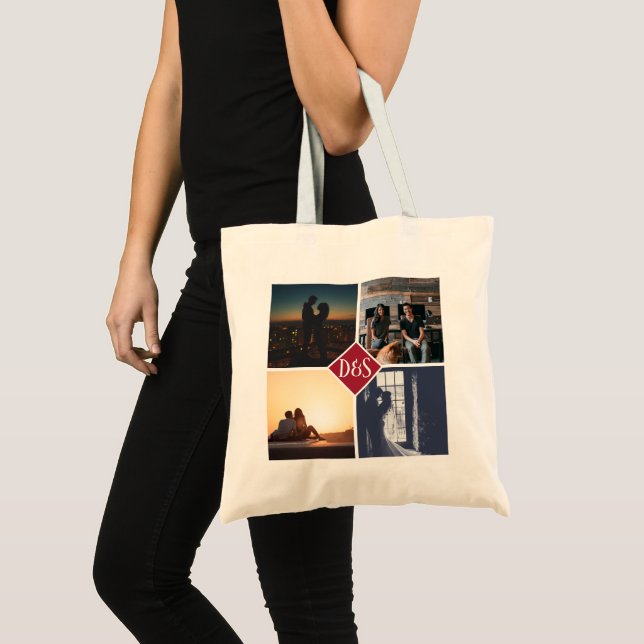 4 Foto Personalisiert Collage Mit Monogramm Tragetasche (Vorderseite (Produkt))