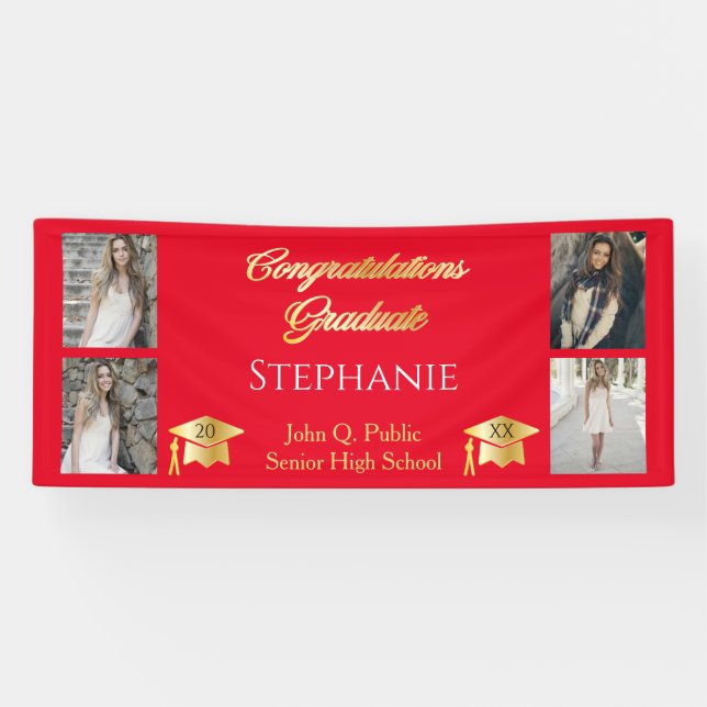 4 Foto Red Gold Glückwunsch Graduate Name School Banner (Horizontal)