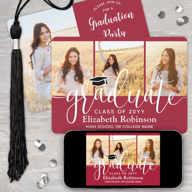 4 Foto Red & White Modern Script Graduation Party Einladung (Von Creator hochgeladen)