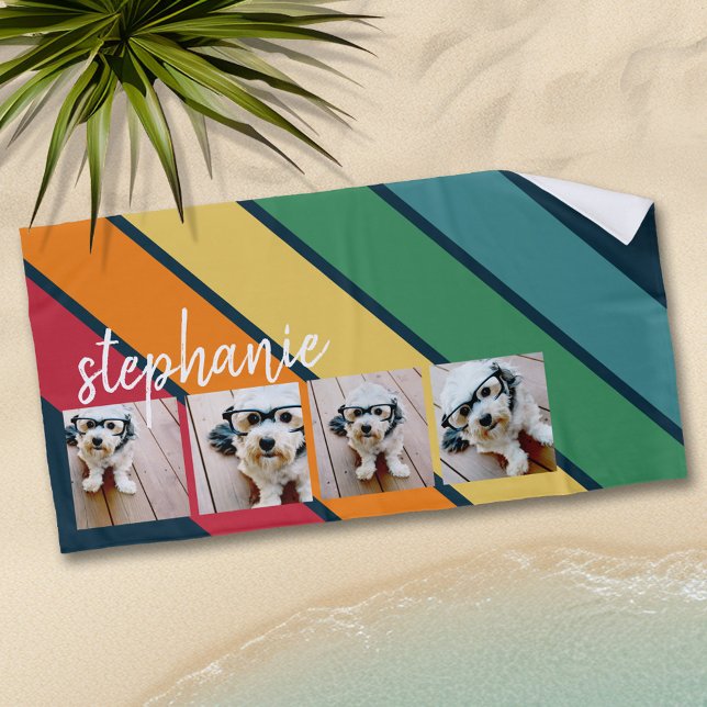 4 Foto Retro Strip Muster Regenbogenskriptname Strandtuch (Personalized beach towel with photos and text)