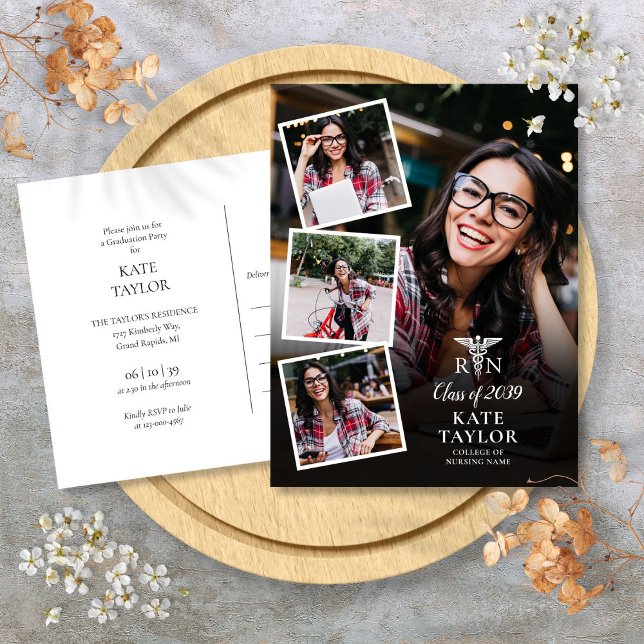 4 Foto RN Einladung zur Pflege des Abschlusses Postkarte (4 Photo RN Nursing Graduation Party Invitation Postcard)