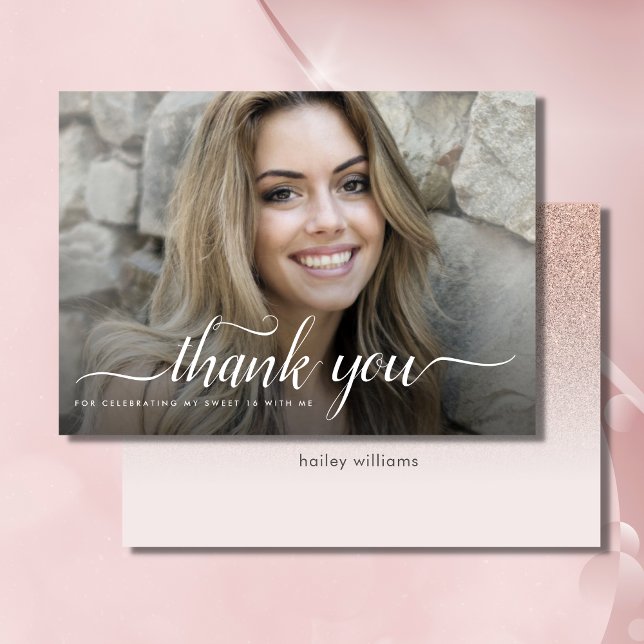 4 Foto Rose Gold Imitate Glitzer Rosa Sweet 16 Dankeskarte (Rose Gold Glitter Photo Thank You Card)