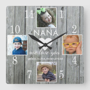  4 Foto Rustic Gray Wood Liebe You Nana Grandkids Quadratische Wanduhr