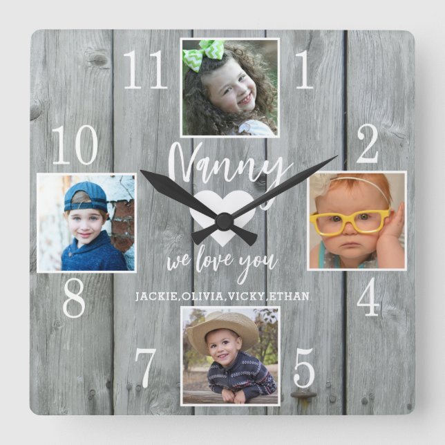 4 Foto Rustikale graue Liebe Ihr Kindermädchen Quadratische Wanduhr (Vorderseite)