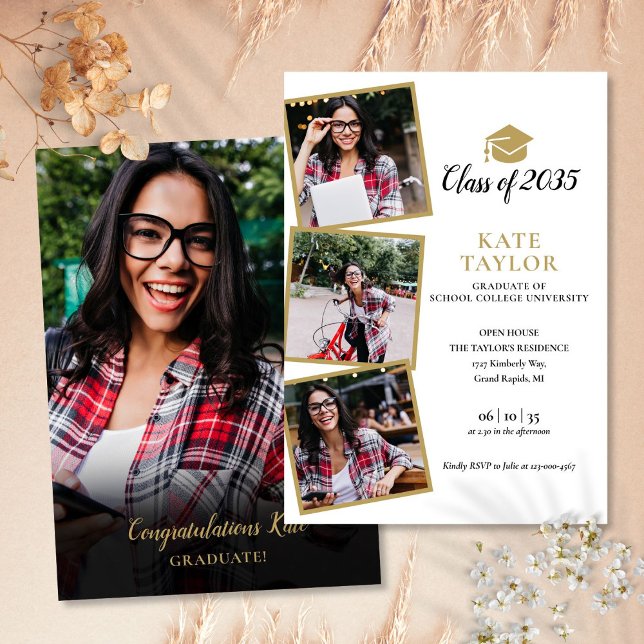 4 Foto Schwarz-Gold-Graduiertenparty Einladung (4 Photo Black And Gold Graduation Party Invitation)