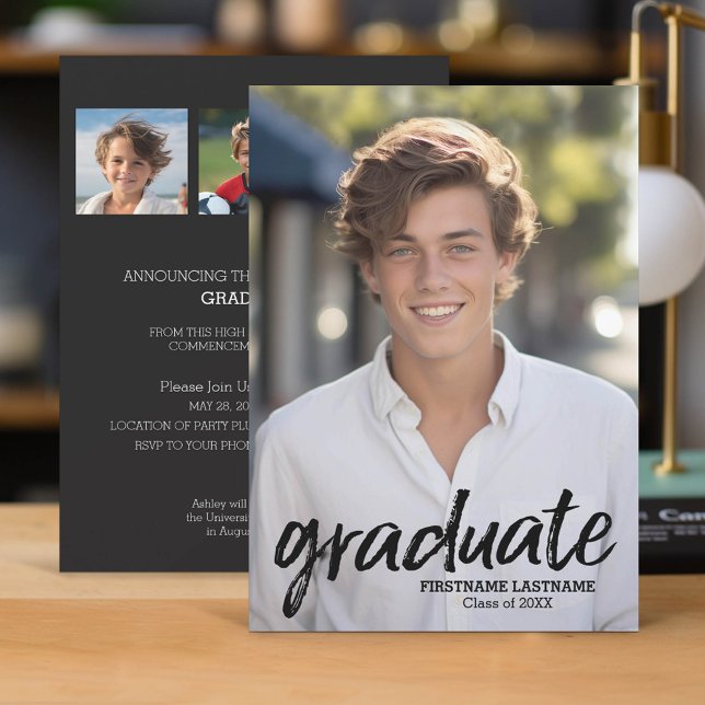 4 Foto Trendy Abschluss Announce - vertikal Einladung (Classic Graduation Announcement and Party Invitation with 4 Photos)